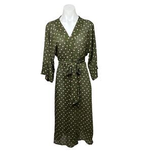Josa Tulum Green Long Sleeve Polka Dot Print Kimono Beachwear Wrap Midi Dress
